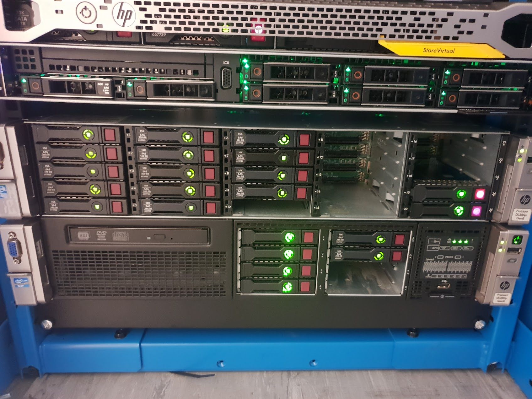 Close-up of rack-mount compute and storage with drive bays illuminated