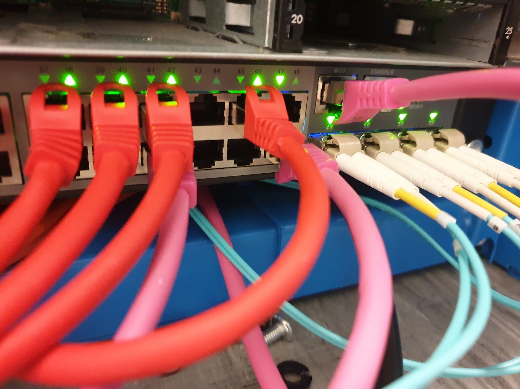 Close-up of copper and fibre patch cables going into a network switch with lit ports
