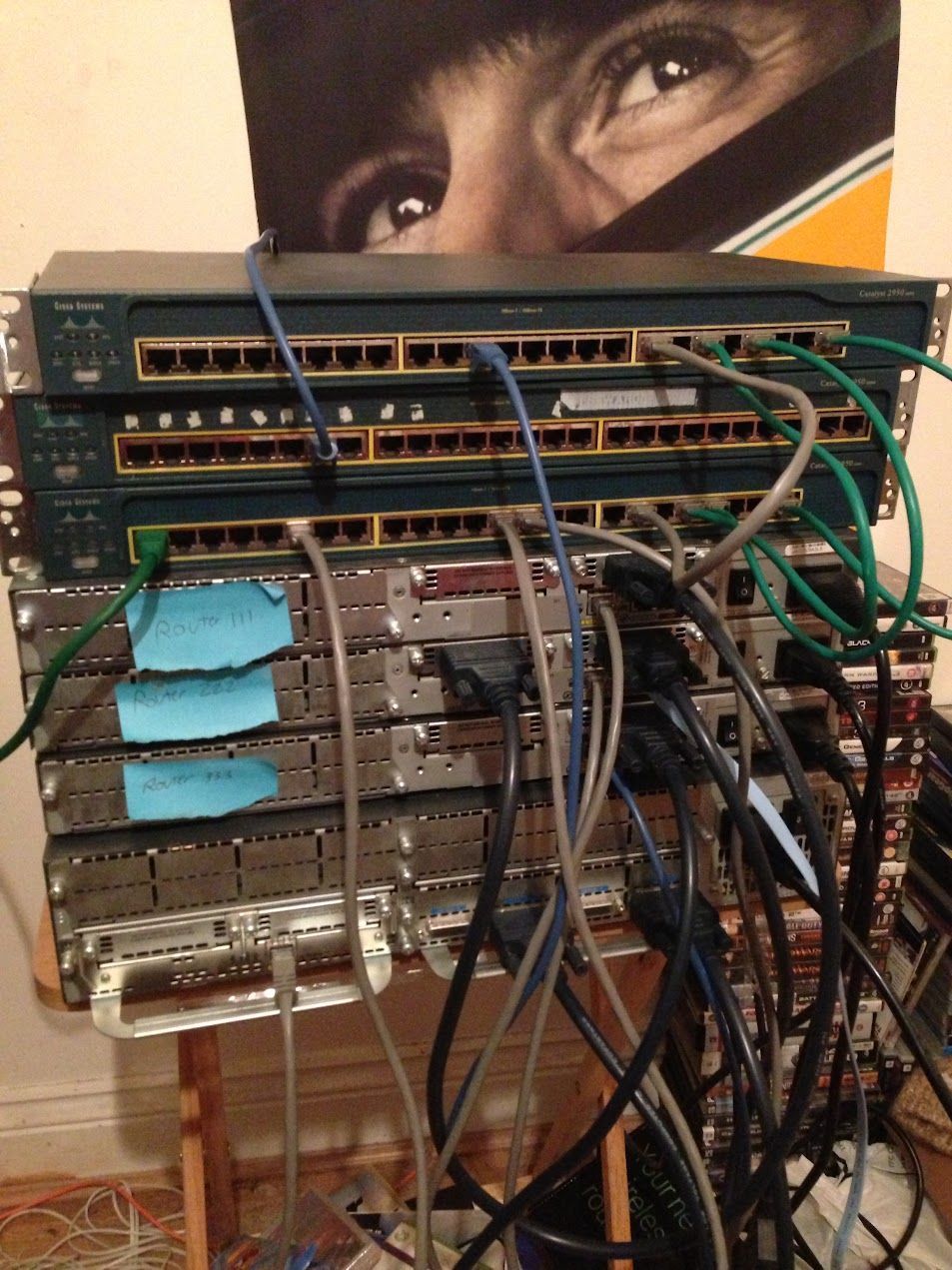 Stack of network switches and routers with hand-written labels on a wooden stool