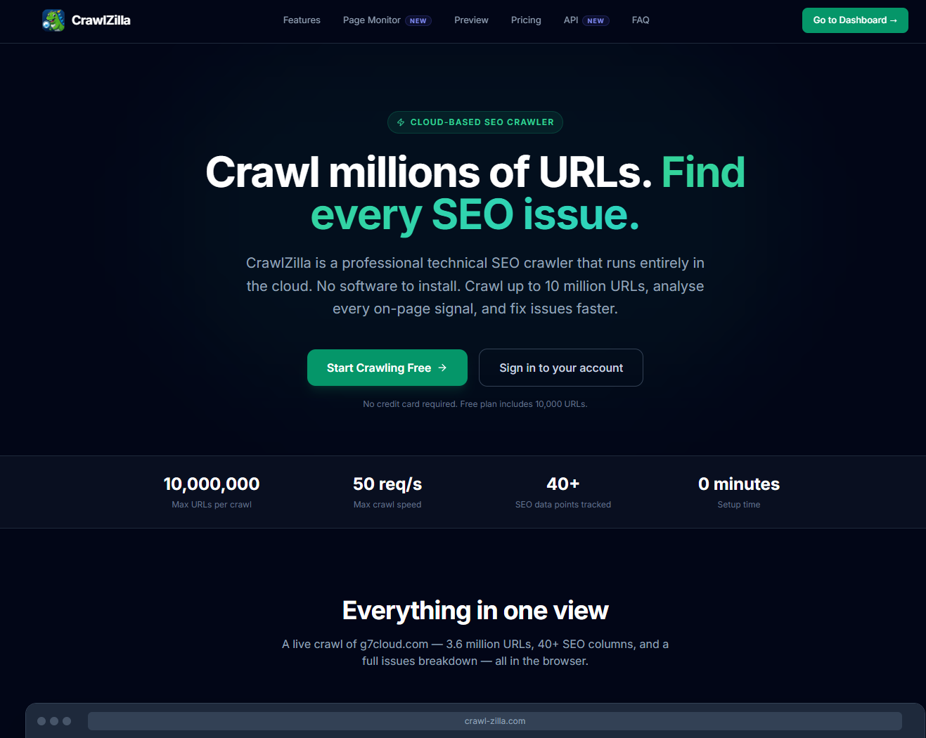 CrawlZilla landing page — Crawl millions of URLs. Find every SEO issue.