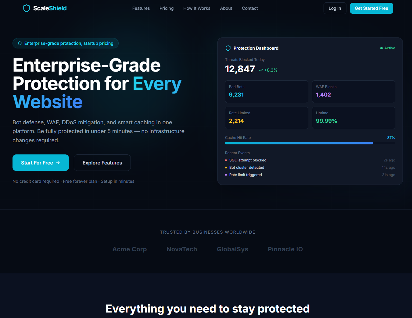 ScaleShield landing page — Enterprise-Grade Protection for Every Website.